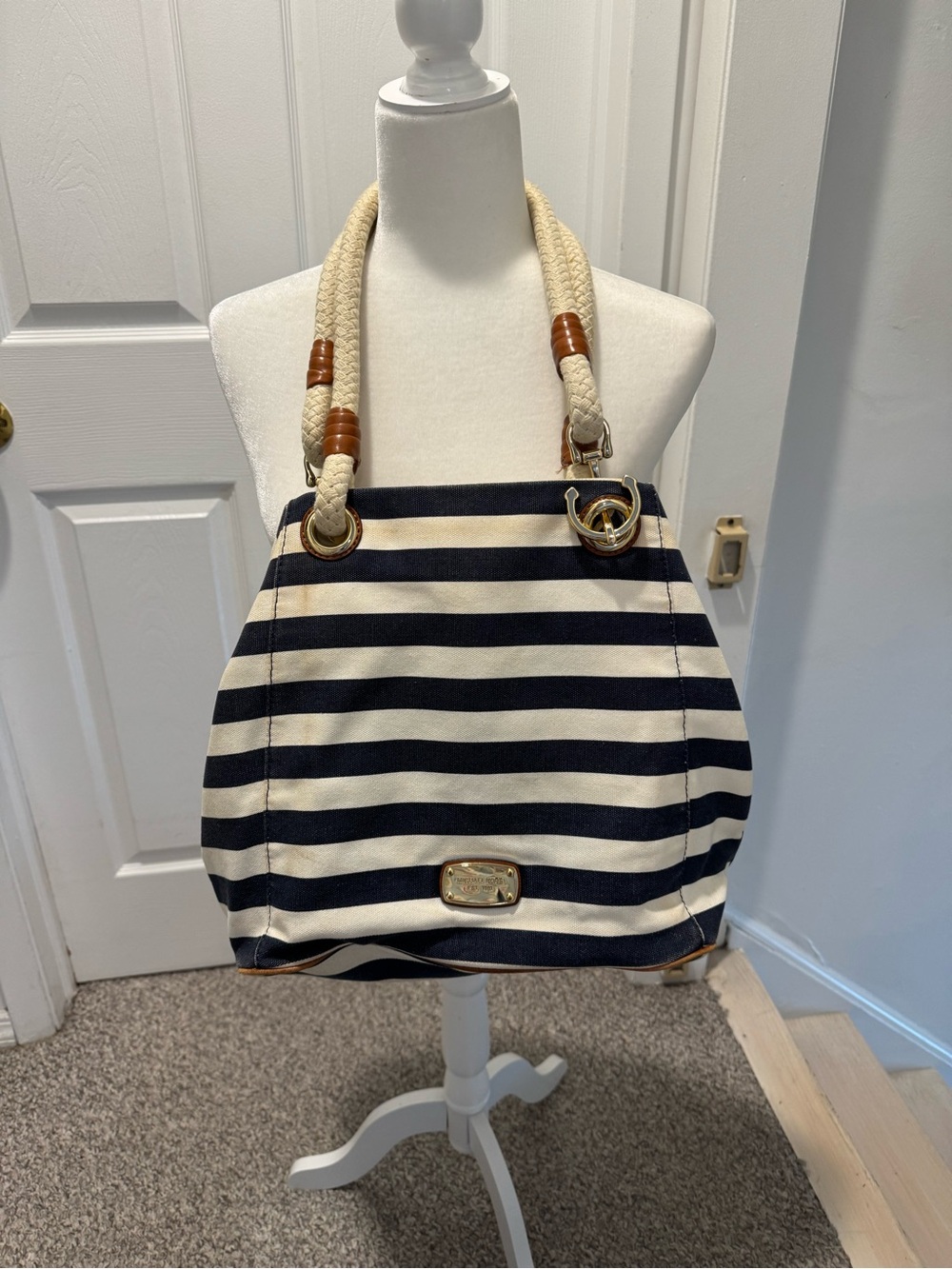 Michael Kors Striped Navy and Cream Rope-Handle Tote Bag